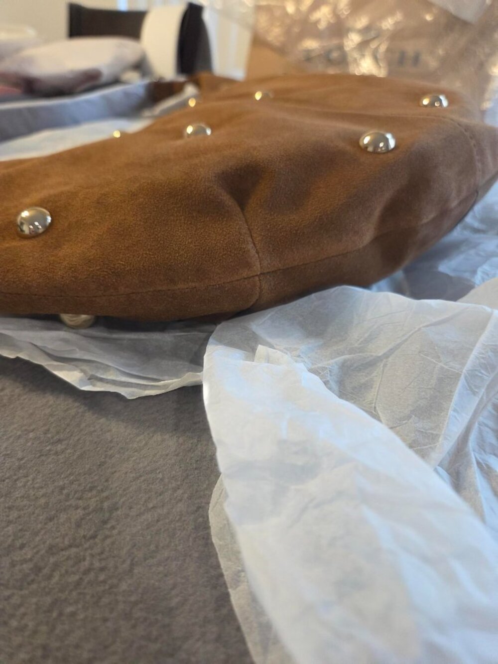 NWT The Essential Curve Shoulder Bag (Studed Suede/Dried Acorn) - Picture 12 of 15
